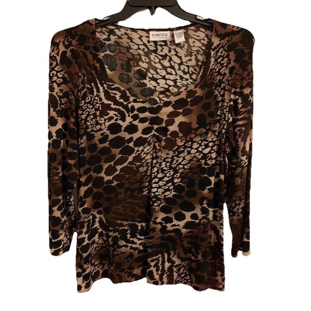 Chicos Travelers Size 3 Womens XL Top Animal Print Brown Slinky 3/4 Sleeves